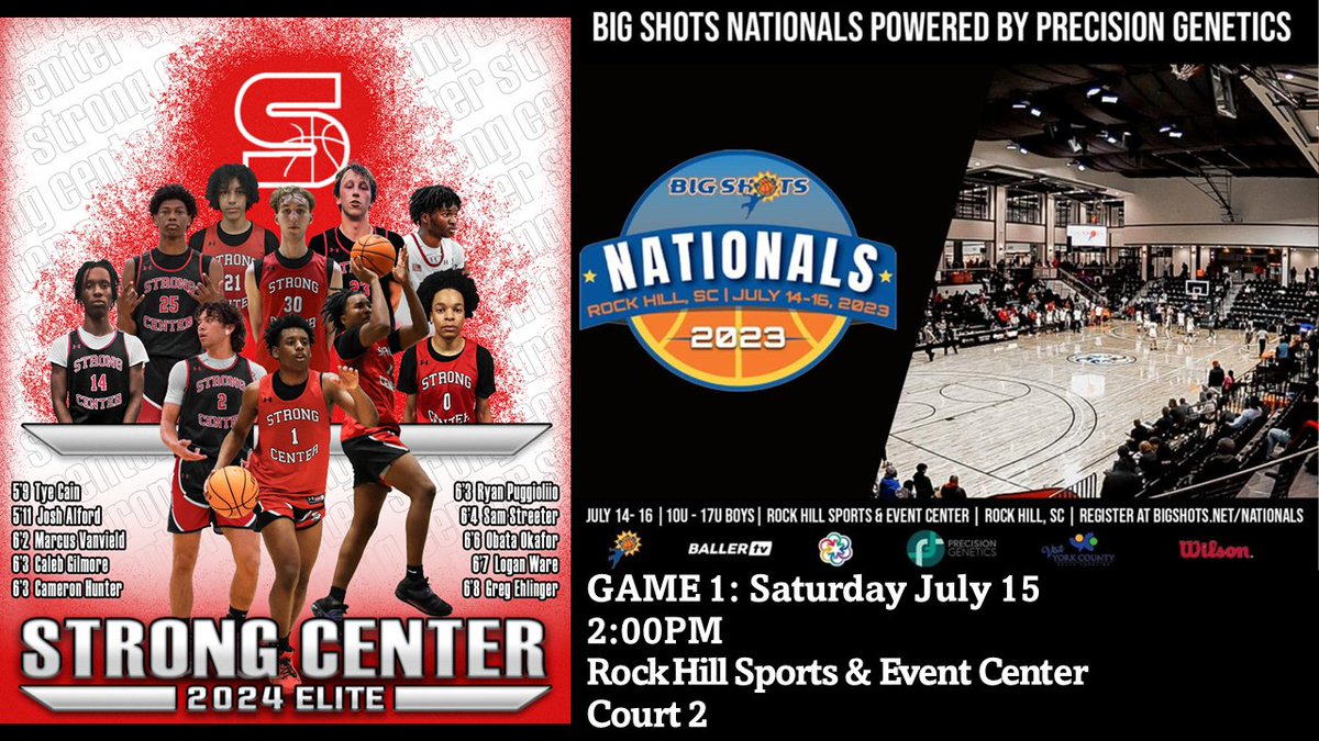 College Coaches, <a href="/StrongCenter24/">Strong Center 2024</a> will be at the Rock Hill Sports Center, in Rock Hill, SC for <a href="/BigShotsGlobal/">BIG SH🏀TS</a> Nationals for the final July Live Period.  Pls check the boys out 👀  Plenty of talent on our roster.