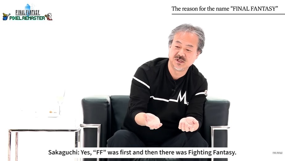 Genki_JPN's tweet photo. Hironobu Sakaguchi says the name Final Fantasy came from Square wanting to call the game "FF" in short. The original name they wanted to call it was "Fighting Fantasy" but due to trademarks they couldn't use that so they reluctantly went with "Final Fantasy" as a last resort! https://t.co/61bJJgUHOh