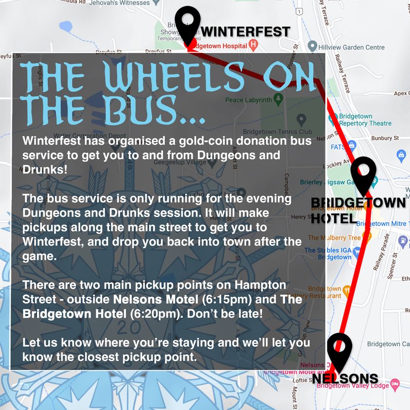 DnDWinterfest's tweet photo. Winterfest has organised a gold-coin donation bus service to get you to and from Dungeons and Drunks!
#dndwinterfest #dnd #dnd5e #dungeonsanddragons #dungeonsanddragons5e #rpg #notforprofit #ttrpg #bridgetownwa #wathedreamstate #australiasSW #fridgetownfest #bridgetowninthewinter https://t.co/0iOcdndBIS