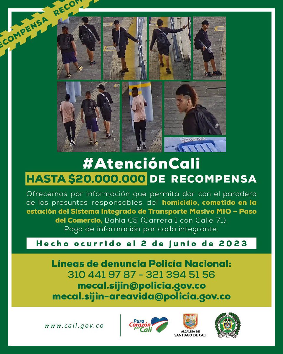 SeguridadCali's tweet photo. #AtenciónCali | Desde @AlcaldiaDeCali  ofrecemos recompensa de hasta $20 millones por información que nos permita capturar y judicializar al presunto responsable de un homicidio cometido en la estación del MIO Paso del Comercio. https://t.co/8gqeCN4bYd