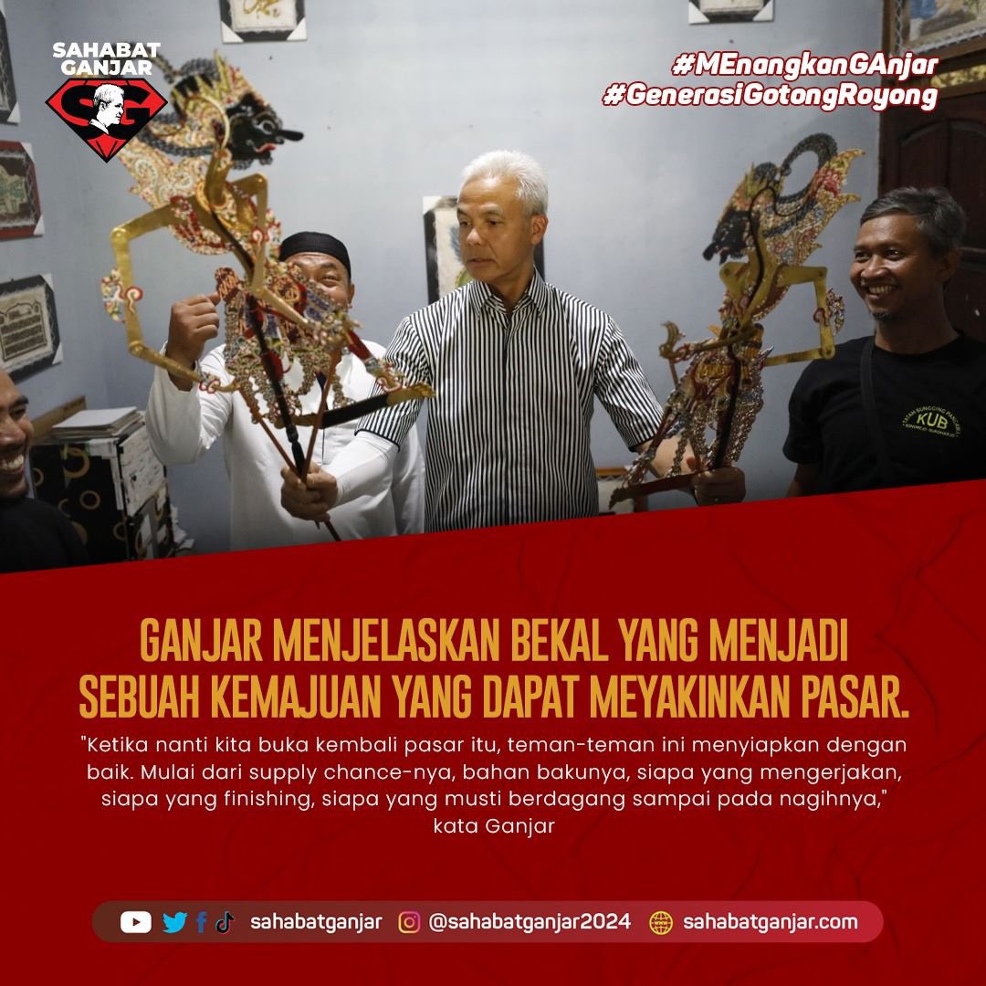 sahabatganjar's tweet photo. Gubernur Jawa Tengah Ganjar Pranowo mengunjungi pengrajin  lukis kulit kambing Kelompok Tatah Sungging di Desa Sonorejo, Kecamatan  Sukoharjo, Kabupaten Sukoharjo, Selasa (11/7/2023). 

Ganjar mengatakan, siap untuk memfasilitasi para pengrajin dengan membuka kembali pasar ekspor yang sempat mati lantaran pandemi Covid-19.

"Banyak sekali warga kita memiliki keahlian ya. Jadi ini bagian dari ekonomi kreatif memanfaatkan limbah dan limbahnya ini lebih banyak dari kulit kambing ya. Kulit kambing terus kemudian mereka punya keahlian bisa dibikin wayang, lukisan, kaligrafi," kata Ganjar.

#SahabatGanjar #GanjarPranowo #Ganjar #GenerasiGotongRoyong #MEnangkanGAnjar #MEnangkanGAnjarTotal