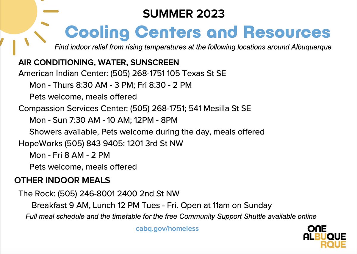If you, or someone you know, is in need of cooling centers and resources in Albuquerque, here is where you can find them. @cabq