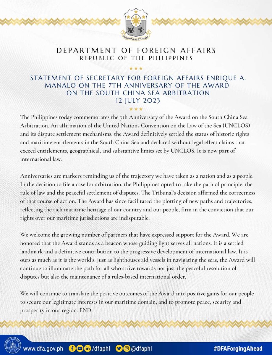 ‼️READ‼️#DFAStatement: Statement of Secretary for Foreign Affairs Enrique A. Manalo on the 7th Anniversary of the Award on the South China Sea Arbitration

Click here for the message text: tinyurl.com/mr6tmaxt
#DFAForgingAhead
#phinkorea