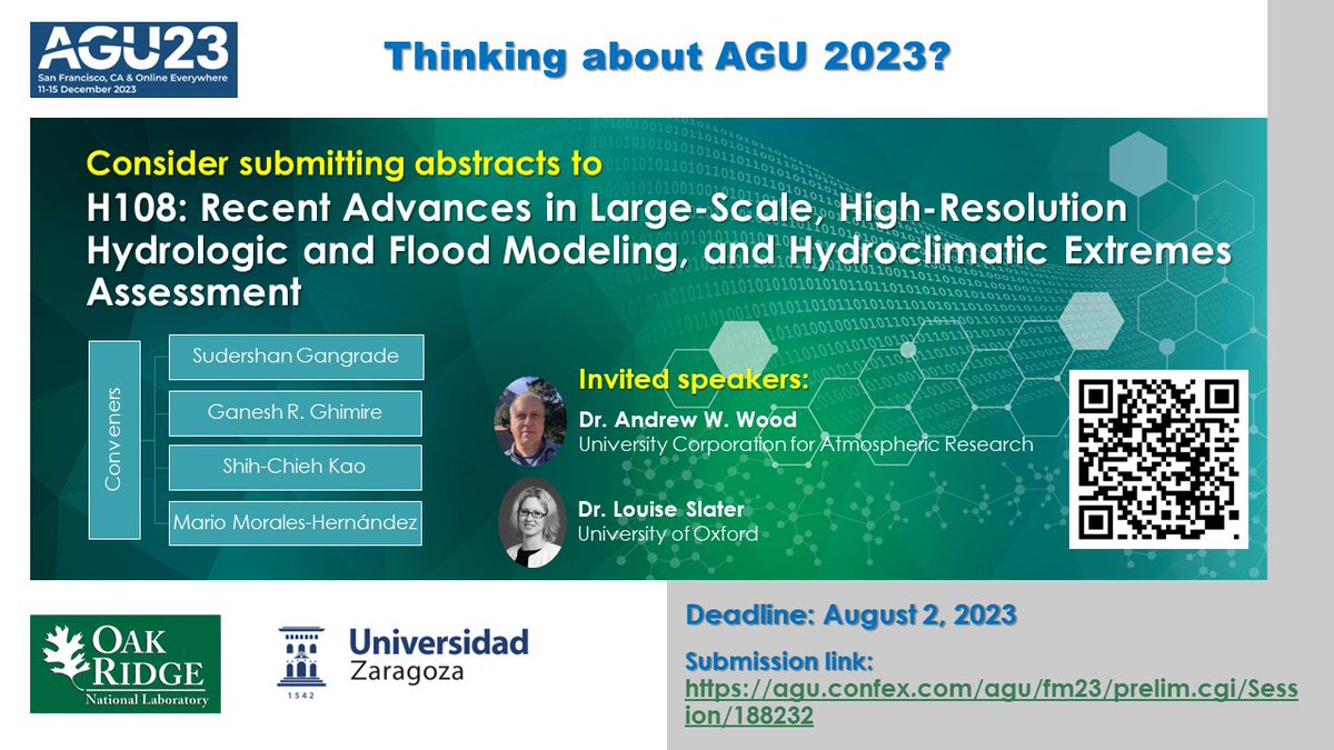 ghimireganeshg's tweet photo. AGU 2023 call is now open! Consider submitting abstracts to the session "Recent Advances in Large-Scale, High-Resolution Hydrologic and Flood Modeling, and Hydroclimatic Extremes Assessment" https://t.co/Pyajh5ibWD. @gsudershang @varepsilon @ORNL https://t.co/7mjU2WFABn