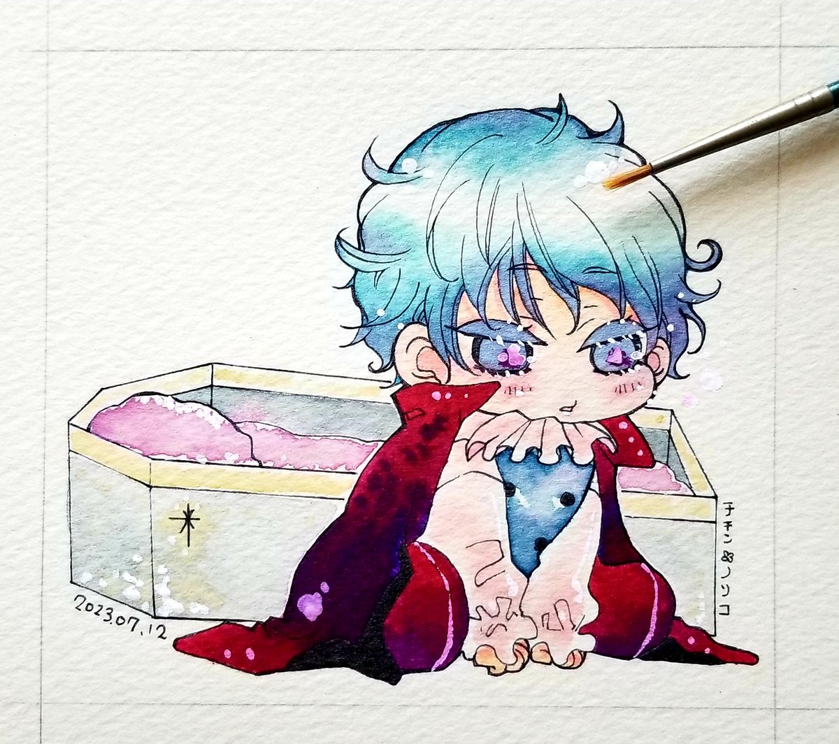 solo traditional media blue hair short hair dated blue eyes long sleeves  illustration images