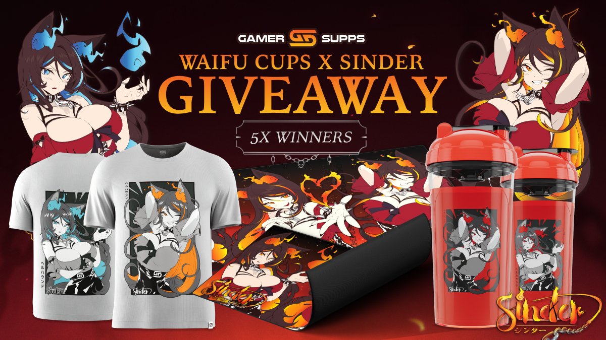 🔥 SINDER WAIFU CUP GIVEAWAY!! 🔥 My very own Waifu Cup collection is launching THIS FRIDAY at 3pm EST!! To celebrate, Gamer Supps is giving away 5 cups, t-shirts, and mousepads!! Like and retweet this post for a chance to win!! Winners will be chosen on Monday, July 17th 🧡