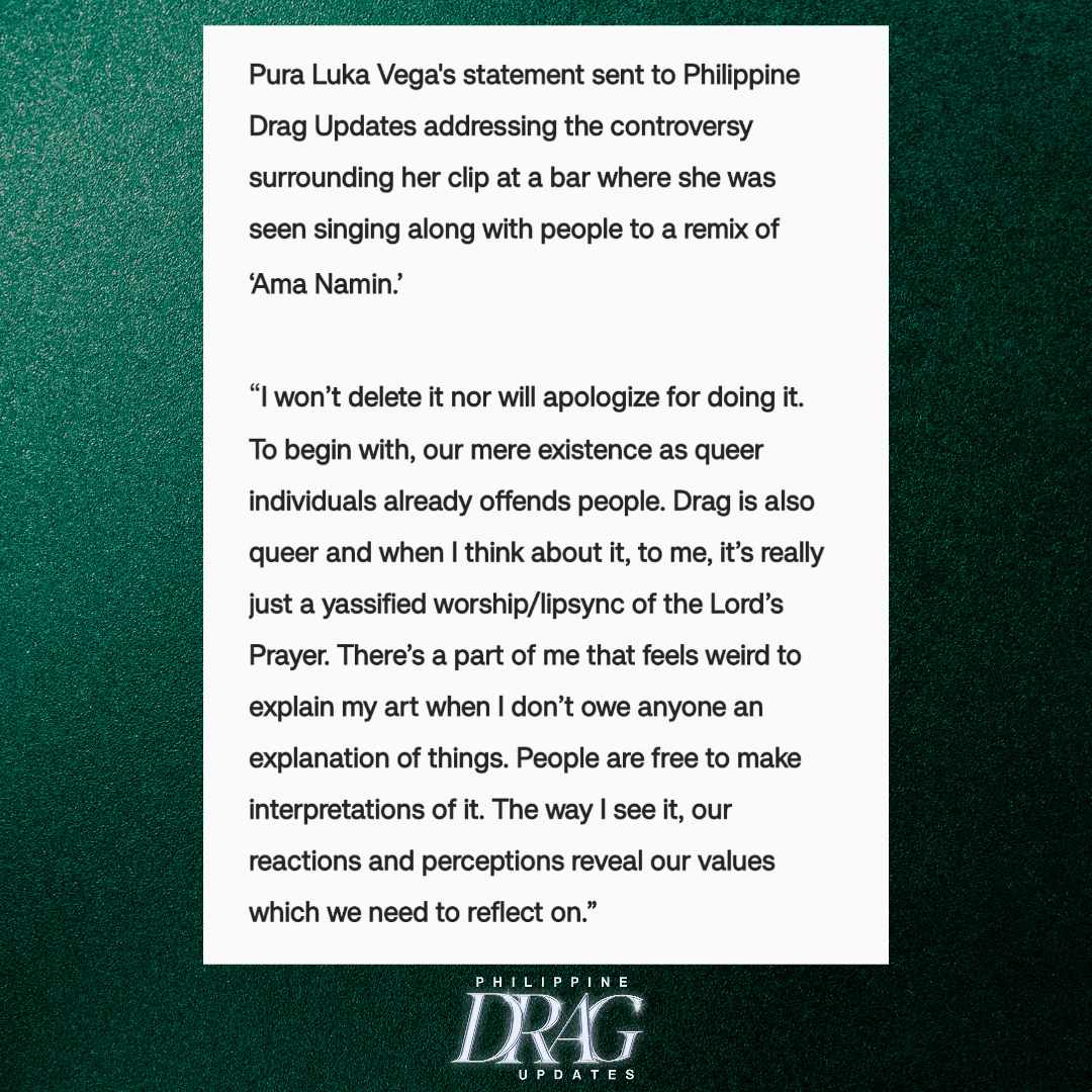 DragUpdate's tweet photo. Pura Luka Vega addresses backlash over viral bar performance where she was accused of cultural insensitivity while singing along to ‘Ama Namin’ remix:

“It’s really just a yassified worship/lipsync of the Lord’s Prayer.” https://t.co/gj3OJXUO5c