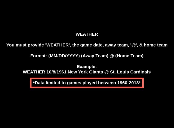 NFLDataBot's tweet photo. @YouAreWorthNada @espn Invalid request! I was unable to gather any of the required parameters. Please refer to the following images for instructions on how to send a valid request.

#NFL https://t.co/S7orirEYKv