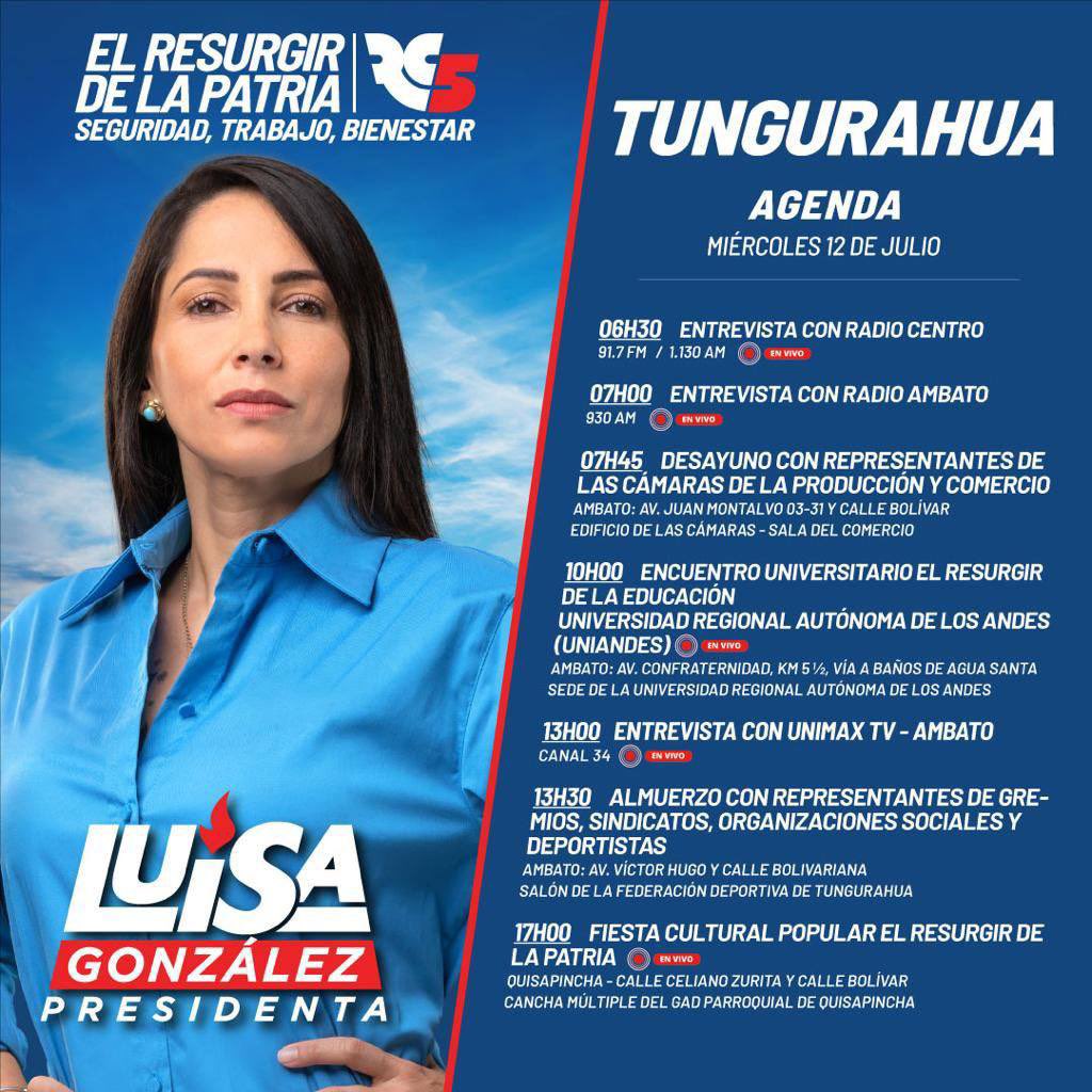RC5Oficial's tweet photo. #LuisaPresidenta🇪🇨 | Acompañemos mañana a @LuisaGonzalezEc en su agenda de actividades que tendrá en Tungurahua.

#ResurgirDeLaPatria https://t.co/1PBVWGFgo1