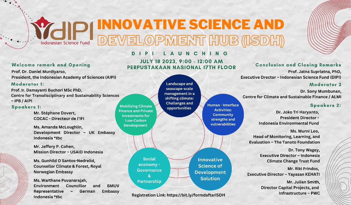 Mark your calendars!

The Indonesian Science Fund (DIPI) invites you to join us for an exciting event: the launch of the Indonesia Innovative Science and Development Hub (ISDH). This hybrid seminar will take place on July 18th, 2023, from 09:00 to 12:00 WIB (Jakarta time).