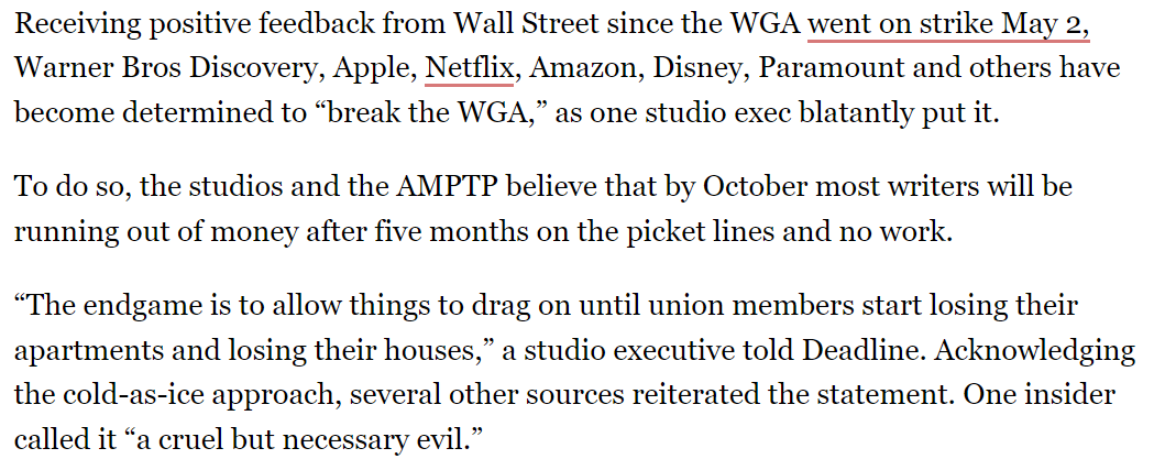 this dropped *minutes* after SAG refused to extend negotiations again. a transparent, pathetic attempt to make us more scared of the possibility of a long(er) strike than the reality of the industry they've broken. fuck that, fuck them, solidarity forever #WGAstrong