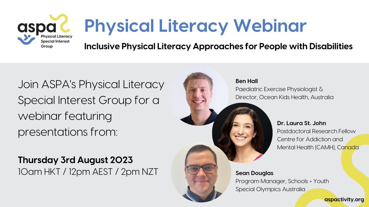 🌟 Join ASPA's Physical Literacy SIG for a groundbreaking event - Inclusive Physical Literacy Approaches for People with Disabilities!

🗓️ Thurs 3 Aug 10am HKT / 12pm AEST / 2pm NZT

More info here: aspactivity.org/event/inclusiv…