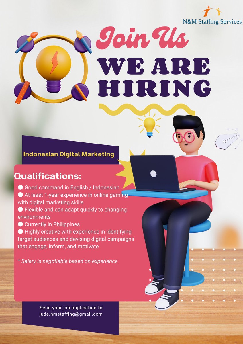 Juuudedg's tweet photo. Looking for a native Indonesian Candidates residing in the Philippines who has Digital Marketing experience and has worked in an Online Gaming industry. This is a Work From Home opportunity! #bilingualjobs #opening #opportunity https://t.co/qVFgy2m6wc