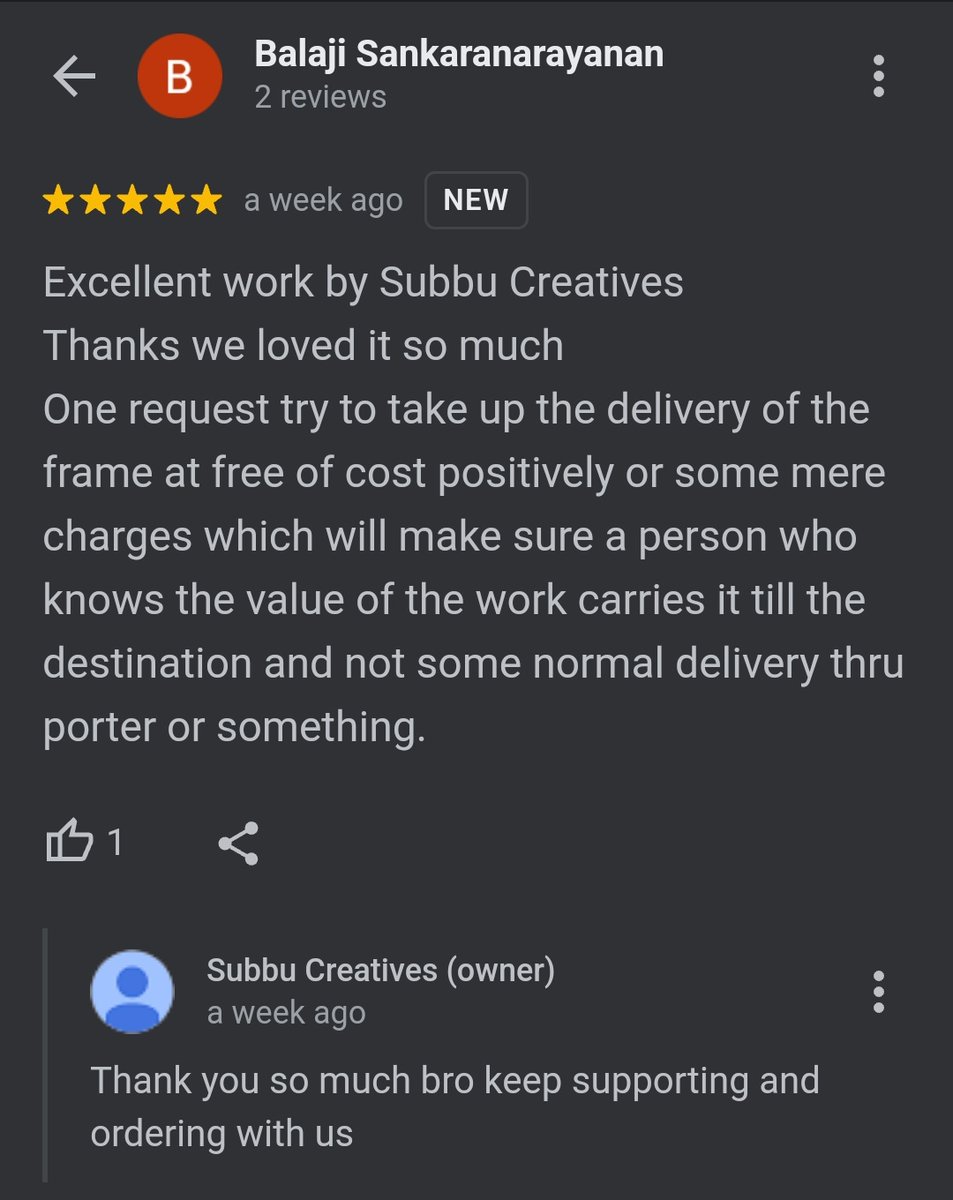subbucreatives's tweet photo. Another great review from #balaji  bro with beautiful image of frame #happyclients🙏🔥♥️tx for awesome words..keep supporting and ordering uwith us always ♥️🙏🙏#clientsatisfaction #review #subbudigitalart #happymoments #portrait #positivevibes  #subbudigitalart #googlereviews https://t.co/Rue2MUPKoS
