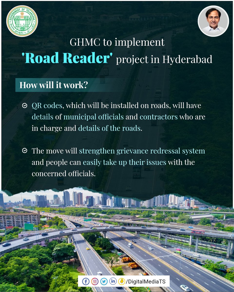 To strengthen the grievance redressal system of the people of #Hyderabad, <a href="/GHMCOnline/">GHMC</a> will be taking up the 'Road Reader' project in the city.

Under this, roads will have signages with QR codes which will give details about the road &amp; officials responsible for maintaining it.