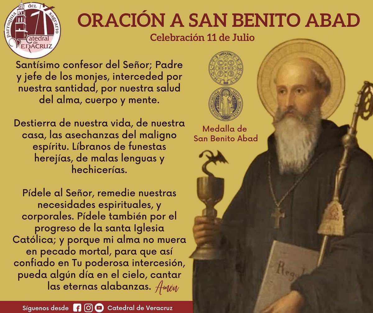 Dulcinela0907's tweet photo. Ayúdame, Oh gran San Benito, vivir y morir como un hija(o) fiel de Dios, que sea siempre sumisa(o) a Su santa voluntad, para lograr la felicidad eterna del cielo. Así sea
#SanBenito #Santo #Intercesor #RuegaPorNosotros #Católica #Mariana https://t.co/RPxa1njGzk