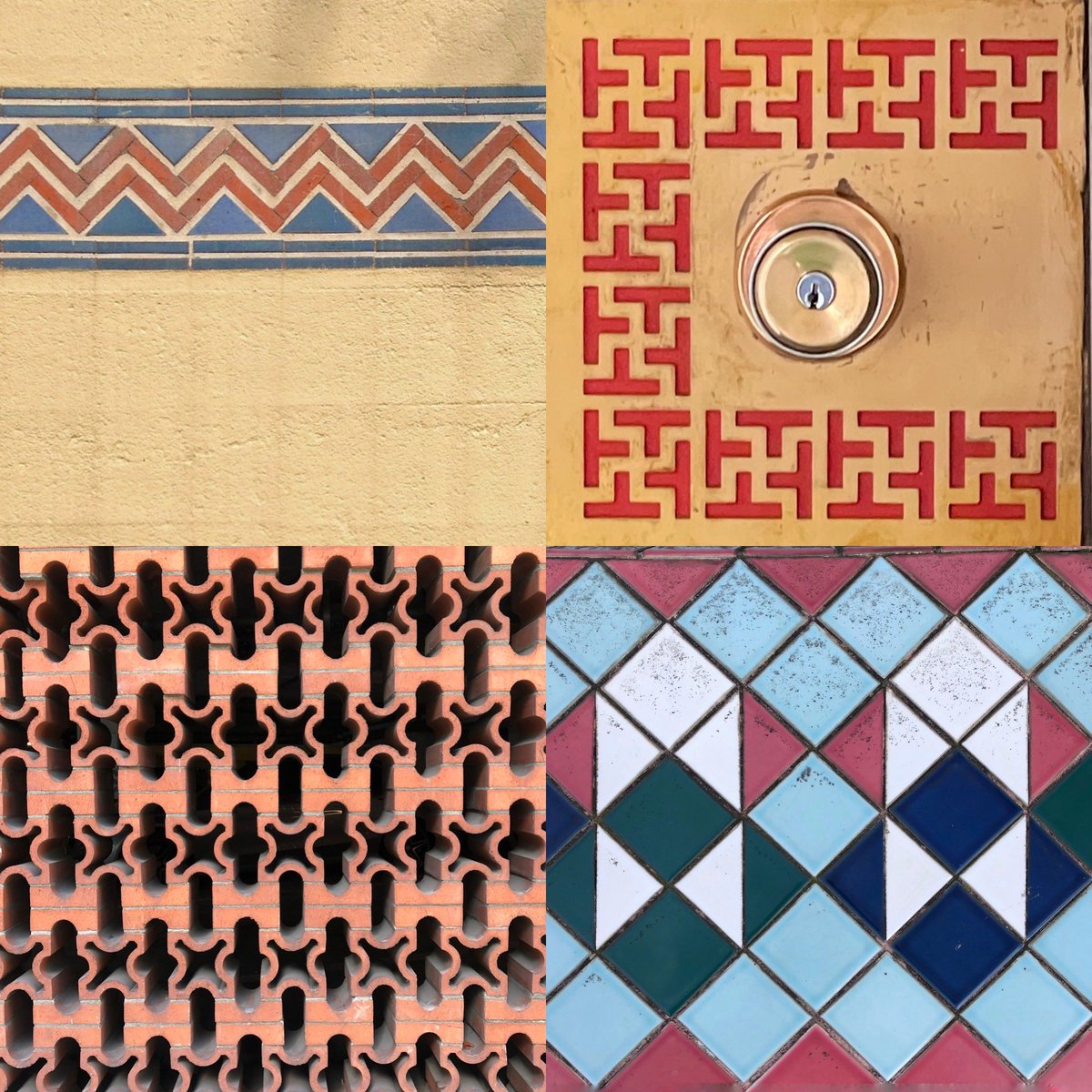 Architectural patterns & textures from around Vancouver. Top left to right: ~ Bessborough Armoury, 1933 ~ Willow Gardens, door detail, 1965 ~ East Asiatic House, parkade - 1963 ~ Beach Towers, fountain tile - 1965