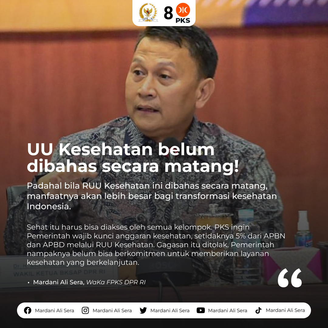 Kami <a href="/FPKSDPRRI/">Fraksi PKS DPR RI</a> ingin anggaran kesehatan masyarakat dikunci dlm APBN sebesar 5%, tetapi Pemerintah enggan. Knp takut berkomitmen terhadap kebaikan publik, kemana uangnya?

Yg PKS tolak bukanlah semua isi dr UU-nya, melainkan pembahasannya yg seperti orang sedang dikejar setoran