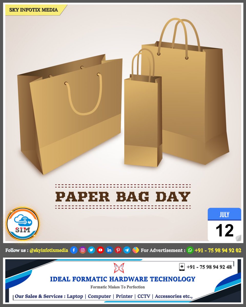 July 12 : Paper Bag Day 🛍️

❤️ @skyinfotix

#skyinfotix #sim #salem #tamilnadu #india #salemdistrict #salemcity #salemtamilnadu
#salemnews #paperbagday #paperbag #jualpaperbag #bags #bag #paperbagcustom #packaging #custompaperbag #paperbags #box #paperbox #paperbagbridesmaid