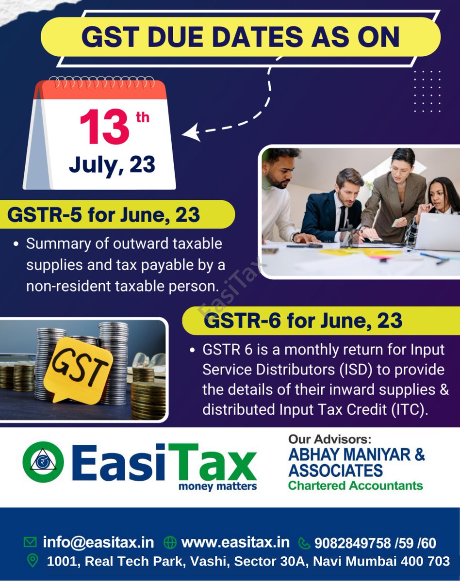 13th July  is the due dates on GSTR-5 & GSTR-6  for June  2023|EasiTax
#GSTR5
#GSTR6
#gstr_filling_process
#13thJuly2023
#goodsandservicetax
#gstrfilling
#taxconsultant
#taxfillingservices
#taxconsultation
#taxplanning
#EasiTax