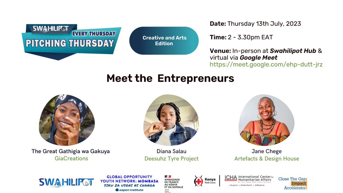 Meet the entrepreneurs that will be presenting their ventures during the Creatives and Arts Edition of Pitching Thursday. Mark your calendar for Thursday, July 13th starting at 2pm. You can either join us in-person at Swahilipot Hub or virtually through Google Meet at… https://t.co/FLjeOeYlvD https://t.co/3TV7Vy06vH