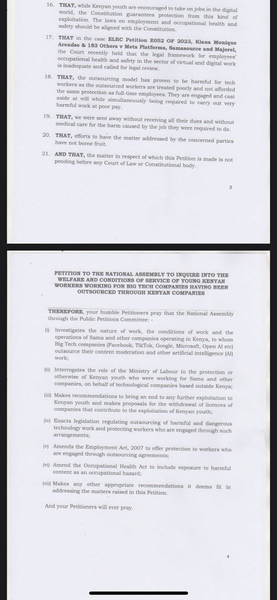 Mercy Mutemi (@mercymutemi) on Twitter photo On behalf of the young Kenyans whose lives have been ruined because they did the dirty work training the #ChatGPT algorithm, we have filed a petition to <a href="/NAssemblyKE/">National Assembly KE</a> to investigate how <a href="/OpenAI/">OpenAI</a> and <a href="/samasource/">Samasource</a> got away with such exploitation and to urgently regulate tech work. On behalf of the young Kenyans whose lives have been ruined because they did the dirty work training the #ChatGPT algorithm, we have filed a petition to <a href="/NAssemblyKE/">National Assembly KE</a> to investigate how <a href="/OpenAI/">OpenAI</a> and <a href="/samasource/">Samasource</a> got away with such exploitation and to urgently regulate tech work.