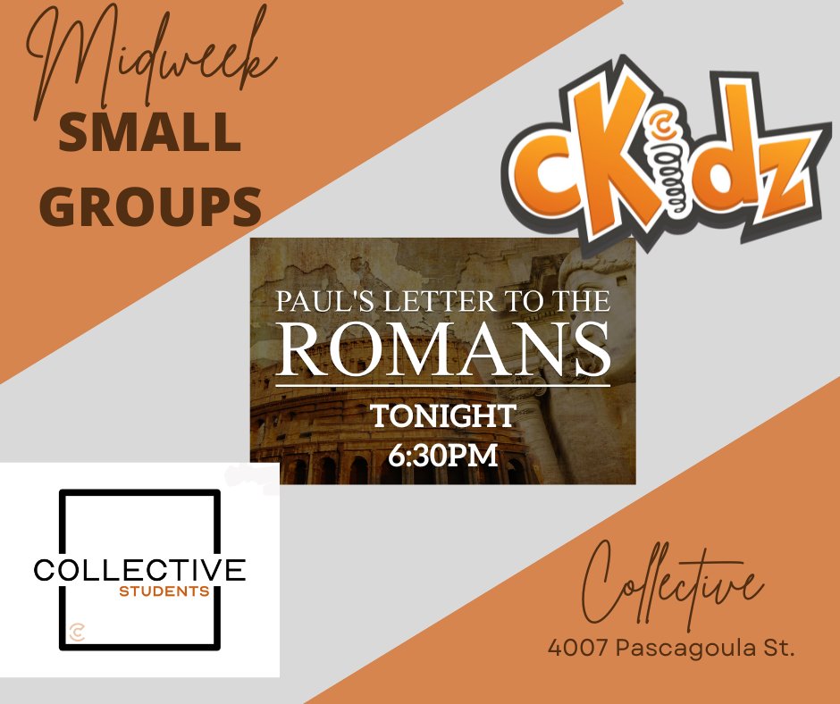 mycollectivech's tweet photo. New Small Group begins tonight at 6:30pm! "Paul's Letter to the Romans" a small group Bible study through the Book of Romans! 
 There's still time to register on the Collective app or website! - https://t.co/PKbfNQYu7q https://t.co/jTSDPWotCR