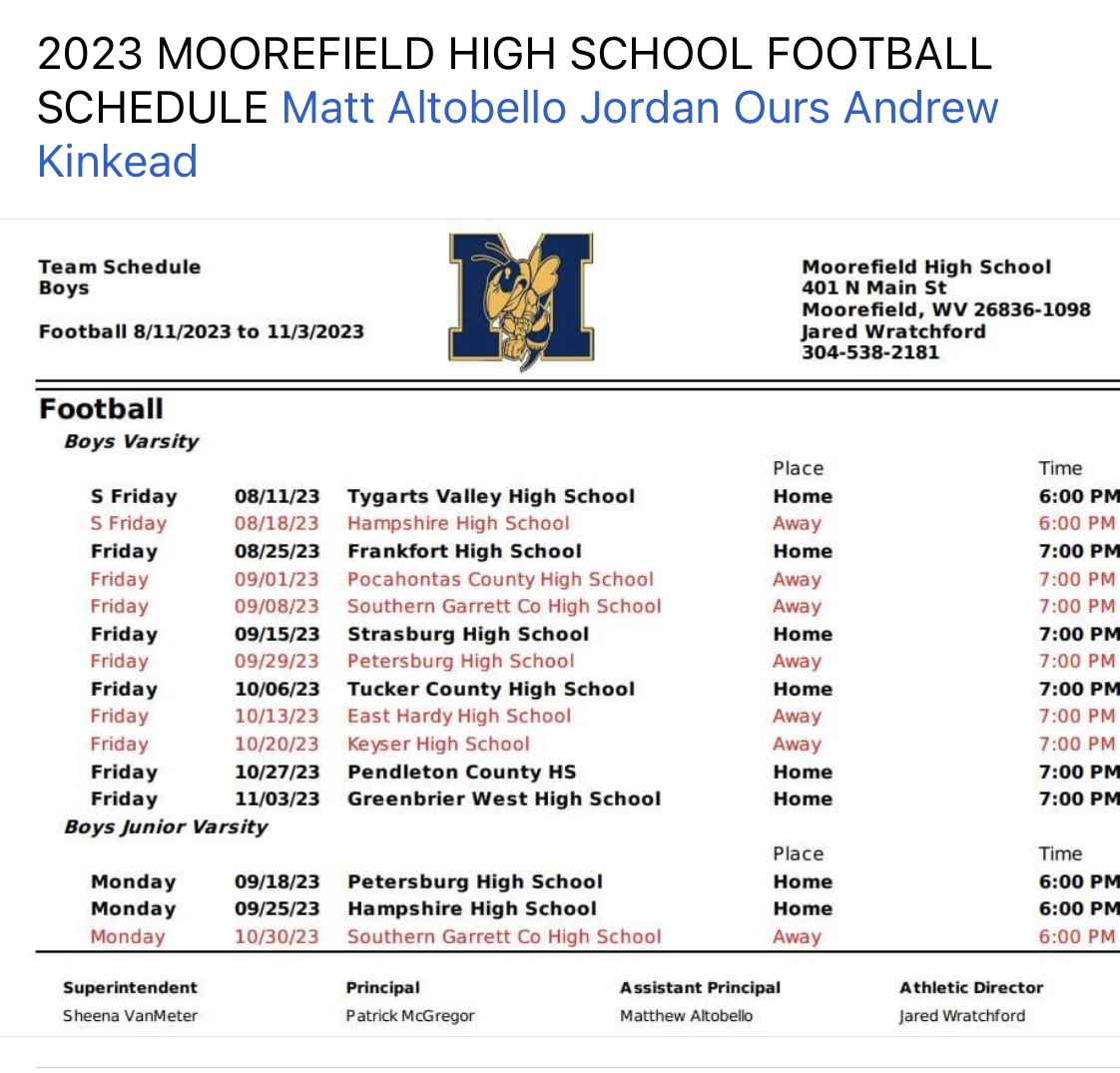 MFLD_Athletics's tweet photo. MOOREFIELD HIGH SCHOOL 2023 FALL SPORTS SCHEDULES 🏈🏐⛳️📣🎷 https://t.co/yPtfFfFaJm