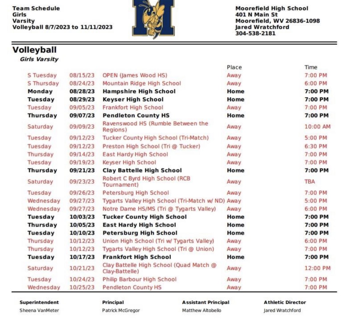 MFLD_Athletics's tweet photo. MOOREFIELD HIGH SCHOOL 2023 FALL SPORTS SCHEDULES 🏈🏐⛳️📣🎷 https://t.co/yPtfFfFaJm