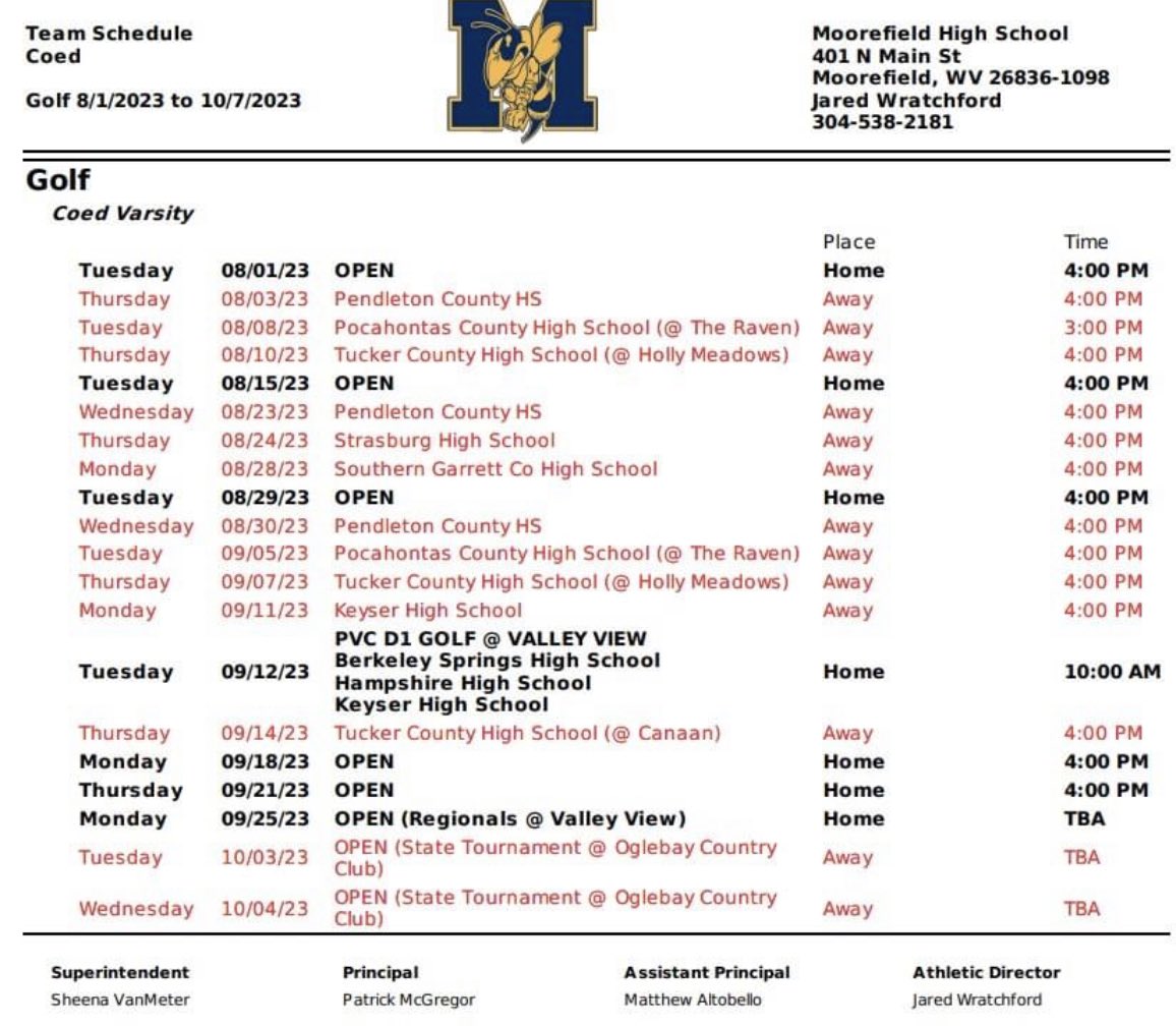 MFLD_Athletics's tweet photo. MOOREFIELD HIGH SCHOOL 2023 FALL SPORTS SCHEDULES 🏈🏐⛳️📣🎷 https://t.co/yPtfFfFaJm