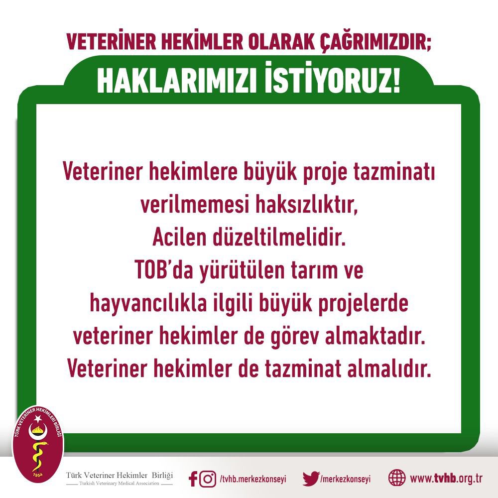 Veteriner hekimlere büyük proje tazminatı verilmemesi haksızlıktır. Acilen düzeltilmelidir. 
TOB'da yürütülen tarım ve hayvancılıkla ilgili büyük projelerde görev alan veteriner hekimler de tazminat almalıdır.

#SendikaVetHekimiUnutma