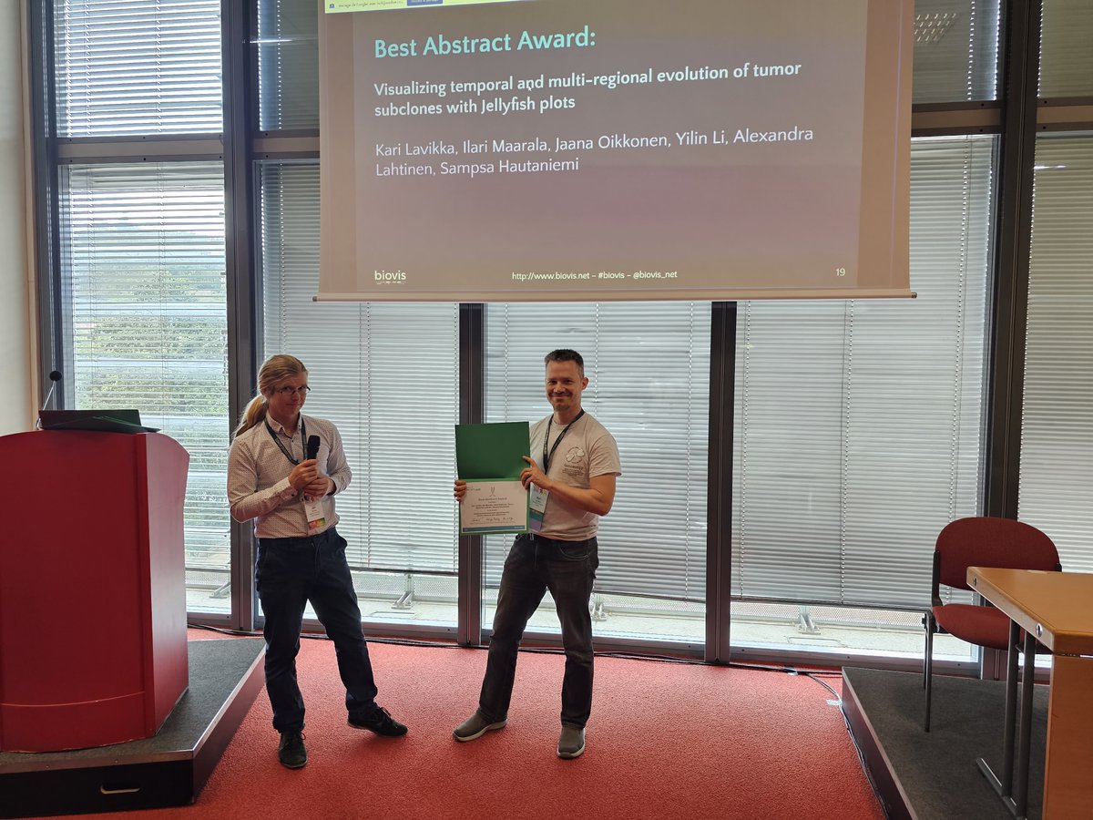 Big congrats to <a href="/KariLavikka/">Kari Lavikka |</a>, Ilari Maarala, @jaanaoikkonen, Yilin Li, Alexandra Lahtinen, <a href="/Sampsa_H/">Sampsa Hautaniemi</a>
on their best abstract award  at 
#BioVis at #ISMBECCB2023
for "Visualizing temporal and multi-regional evolution of tumor subclones with Jellyfish plots".