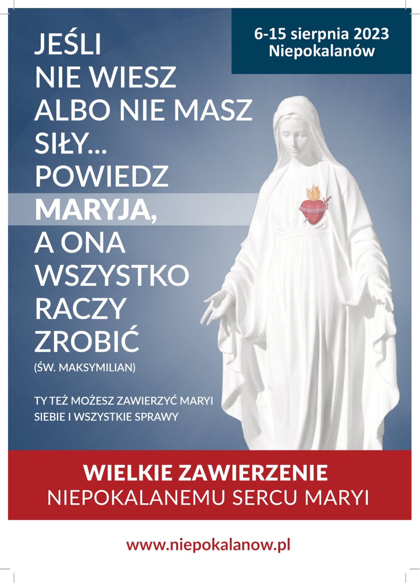 Rd_Niepokalanow's tweet photo. #Niepokalanów: Wielkie Zawierzenie Niepokalanemu Sercu Maryi: 6-15 sierpnia. Zapraszamy wszystkich chętnych. Rekolekcje mają charakter otwarty. Można przyjechać na jeden dzień, można na kilka, można na wszystkie :) !

Tutaj dokładny program: https://t.co/21YZI6W9Kc https://t.co/tbVffJj0YD