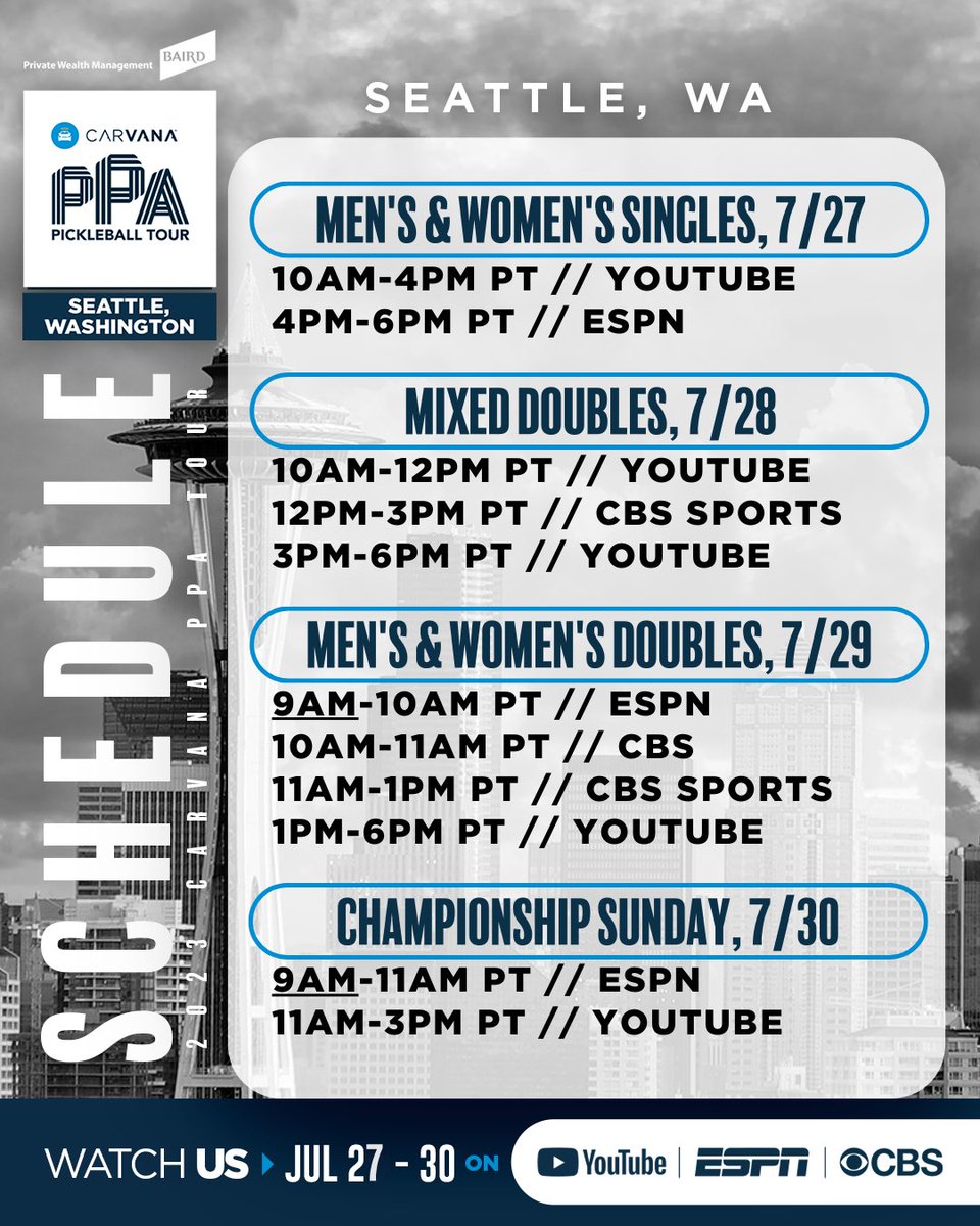 PPAtour's tweet photo. 🚨UPDATED! Slight change to tomorrow’s schedule: 🛩🏟 The @rwbaird Seattle Open, presented by @HALcruises is HERE! This weekend get ready for this golden ticket pro pickleball event 🎫  at the Lower Woodland Tennis Courts in Seattle! 🛳️ https://t.co/TBjfWnuB8z