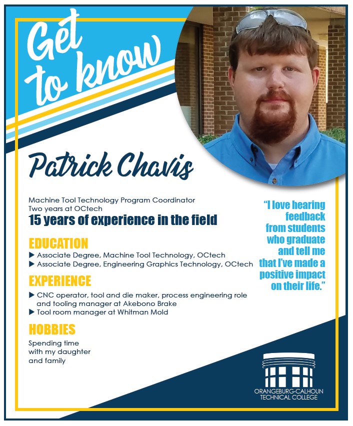 OCtechEdu's tweet image. #Gettoknow Patrick Chavis, our #MachineToolTechnology program coordinator! #MTT grads have some of the most in-demand job skills in SC. #toolanddie #cnc #dreamplando #wellchangeyourlife #affordableaccessiblerelevant #sevenweeks #onesemester #eveningclasses octech.edu