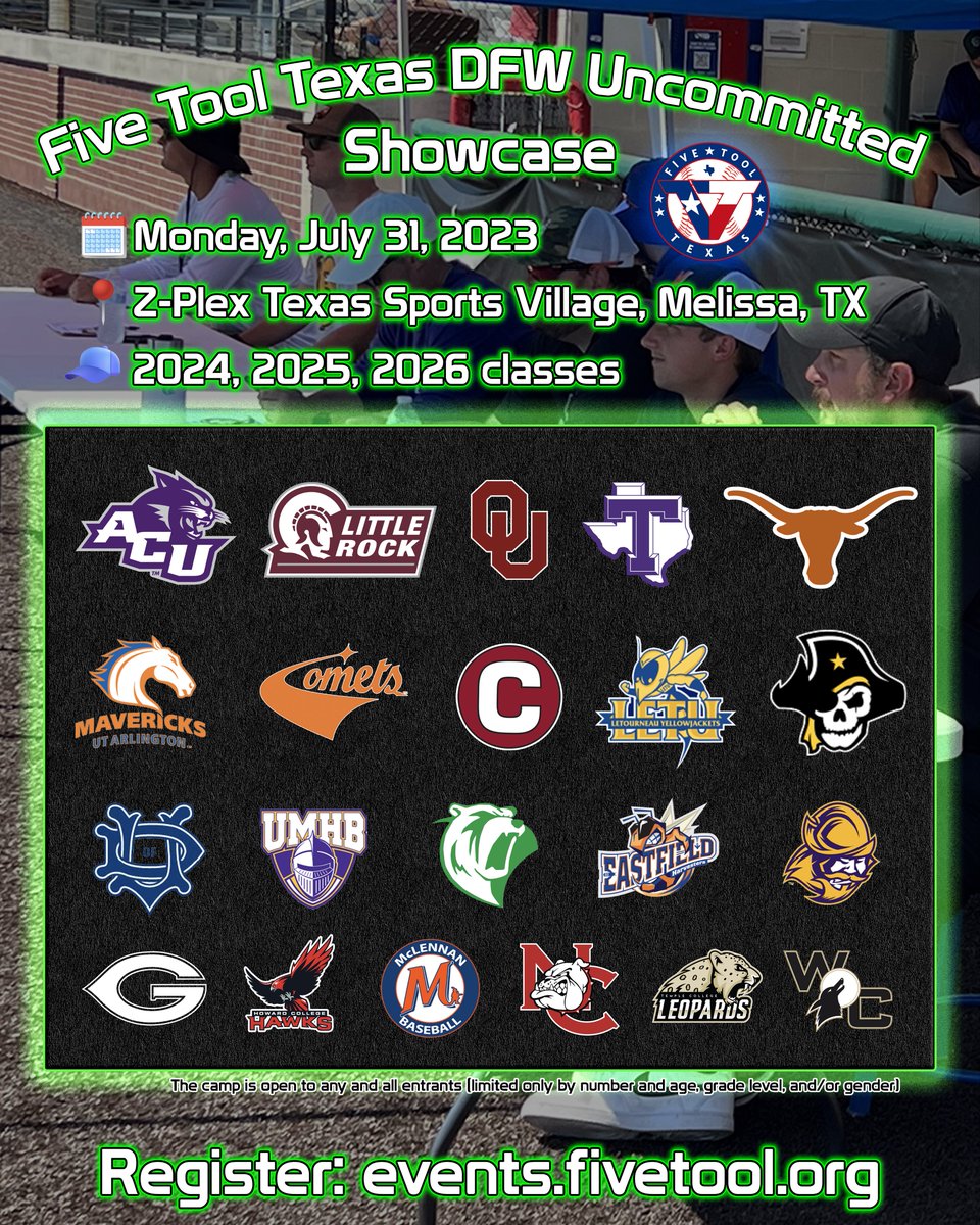 Five Tool Baseball (@fivetool) on Twitter photo 🚨UPCOMING SHOWCASE🚨
⚾️<a href="/FiveToolTexas/">✭Five Tool Texas✭</a> DFW Uncommitted Showcase
🗓️Monday, July 31
📍Z-Plex Texas Sports Village (<a href="/MelissaSports/">Melissa Sports</a>), Melissa, TX
🧢2024, 2025, 2026 classes
👀21 colleges (UPDATED) in attendance from different levels!
REGISTER NOW: events.fivetool.org/events/five-to…
#WatchEm 🚨UPCOMING SHOWCASE🚨
⚾️<a href="/FiveToolTexas/">✭Five Tool Texas✭</a> DFW Uncommitted Showcase
🗓️Monday, July 31
📍Z-Plex Texas Sports Village (<a href="/MelissaSports/">Melissa Sports</a>), Melissa, TX
🧢2024, 2025, 2026 classes
👀21 colleges (UPDATED) in attendance from different levels!
REGISTER NOW: events.fivetool.org/events/five-to…
#WatchEm
