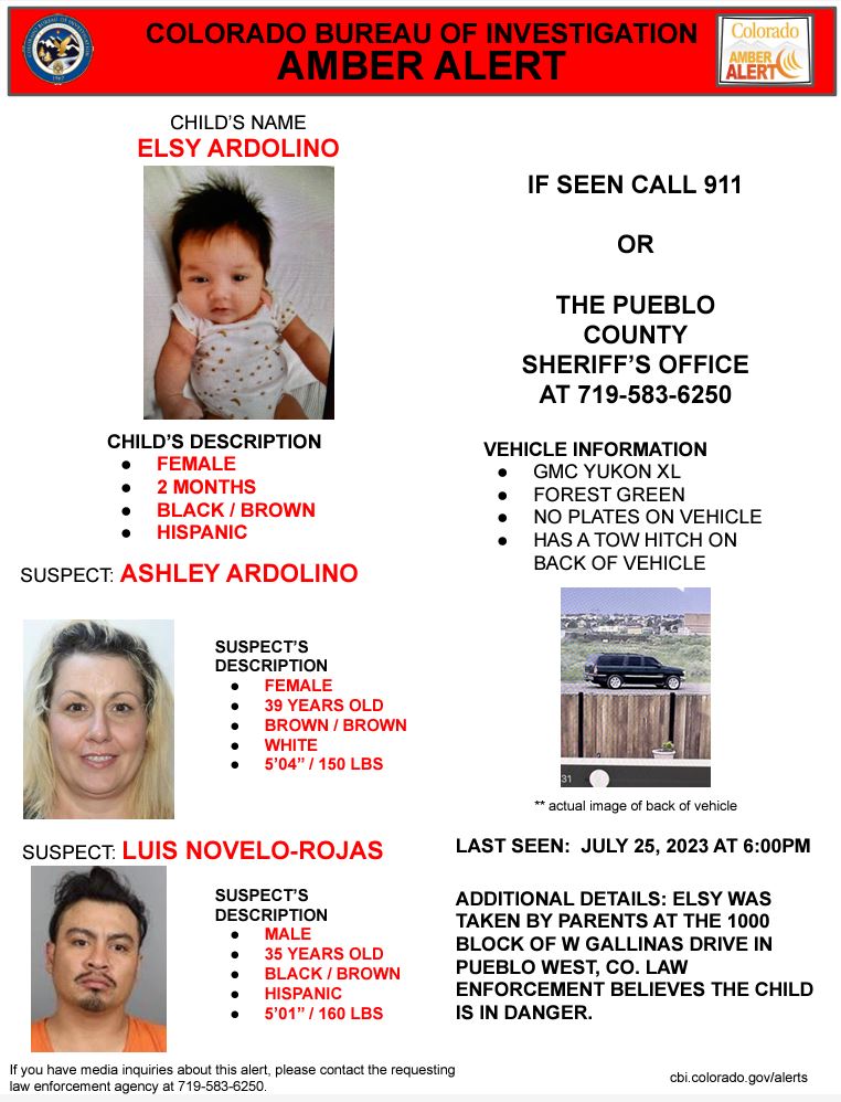 ALERT UPDATE: This is now an Amber Alert for Elsy Ardolino. They may be traveling in a green GMC Yukon XL without license plates. If you see them, please call 9-1-1.