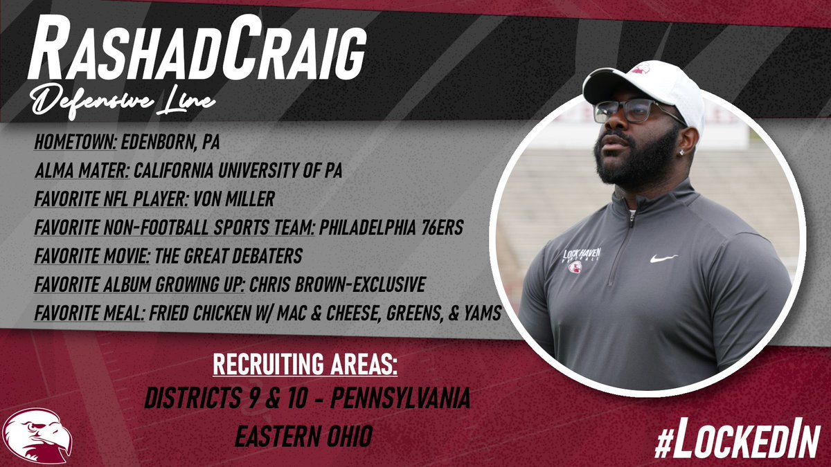 MEET THE STAFF: Coach Rashad Craig is our Defensive Line Coach. Check out his bio and give him a follow! @Coach_CraigDL #LockedIn🔒🦅