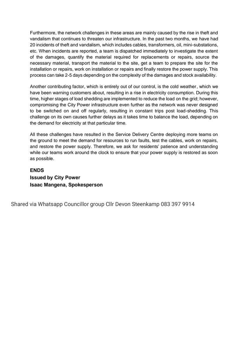 THEDEVCHEV's tweet image. ⚡#CityPower 
26 July 2023 20h05 - Cllr Devon Steenkamp 

City Power Randburg Service delivery centre explains challenges that have resulted deploying more teams on 
the ground to meet the demand for resources to run faults, test the cables, work on repairs, and restore the power