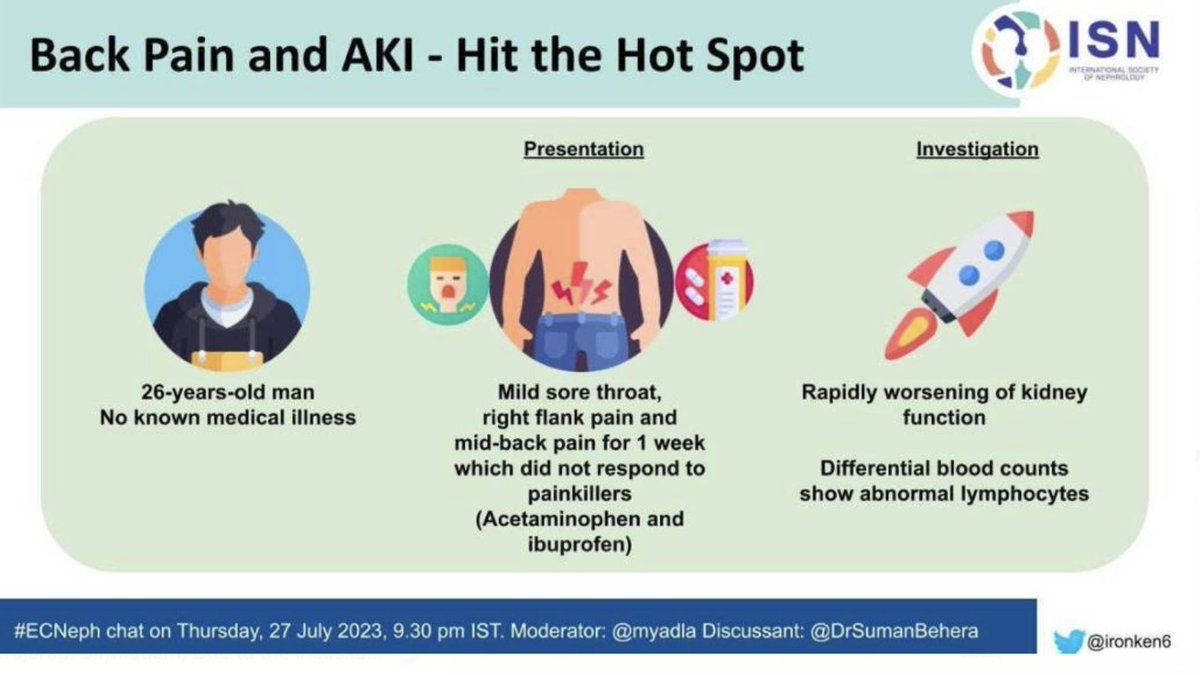 ISNeducation's tweet photo. JOIN #ECNeph chat 
📅 27th July , 9.30 PM IST @ISNkidneycare 
An young man with backpain and AKI 
By @DrSumanBehera 
Moderator :@myadla https://t.co/aRuT1HwC3v