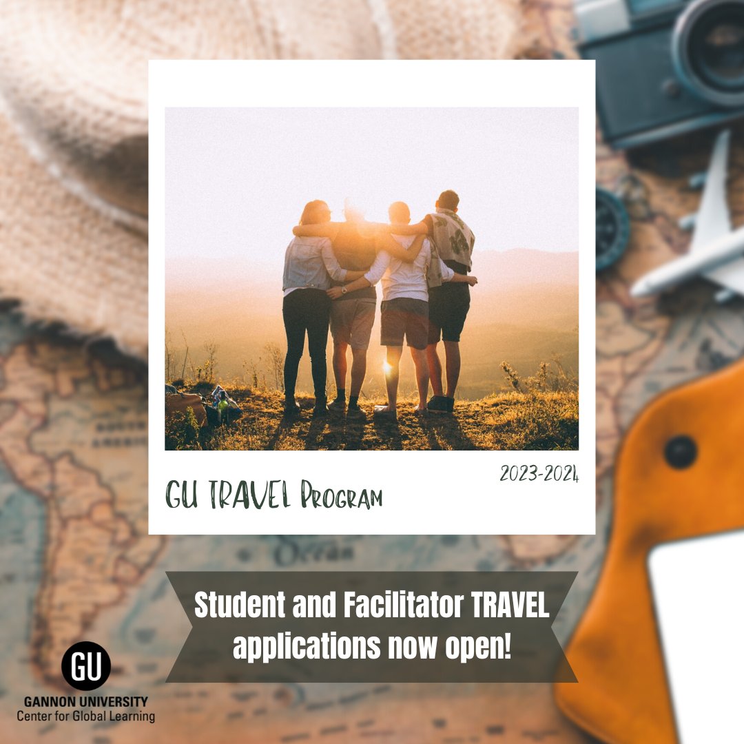 GannonUGlobal's tweet photo. We are excited to announce that applications for both student participants and faculty/staff facilitators are open for the 2023-2024 TRAVEL Program! Head over to the Center for Global Learning page on EngageU to read more about the trips and submit your application #GannonUGlobal https://t.co/sxpKCWVUmd