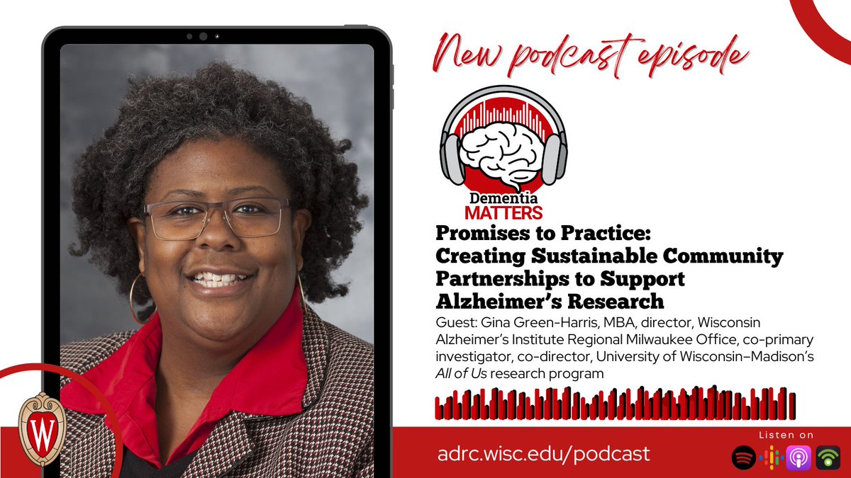 Wisconsin ADRC (@wisconsinadrc) on Twitter photo A new episode of #DementiaMatters is out now! <a href="/GinaGreenHarris/">Gina Green-Harris</a> joins the podcast to discuss the tenets of community engagement, how researchers can build stronger partnerships with communities, and more. Listen online at🎧 go.wisc.edu/sh697j A new episode of #DementiaMatters is out now! <a href="/GinaGreenHarris/">Gina Green-Harris</a> joins the podcast to discuss the tenets of community engagement, how researchers can build stronger partnerships with communities, and more. Listen online at🎧 go.wisc.edu/sh697j