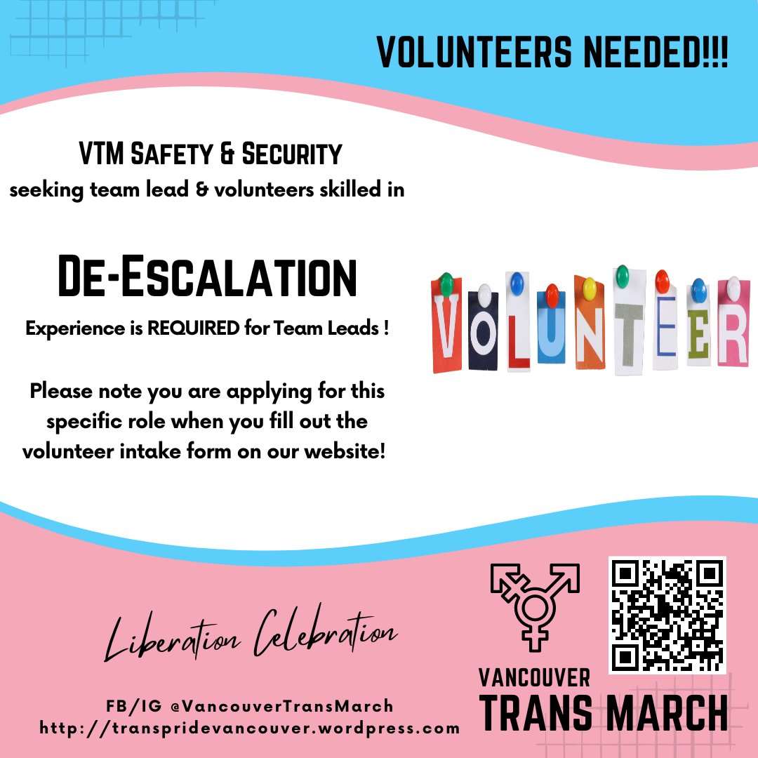 VanTransMarch's tweet photo. ! Seeking Volunteers Skilled in DE-ESCALATION !

You will be tasked with preventing conflict on both sides

De-escalation preventing conflict from both sides (ours and any rude people who might attend).

For more information and applying, go to our website in our bio!

Thank you! https://t.co/jftPhkq6zx
