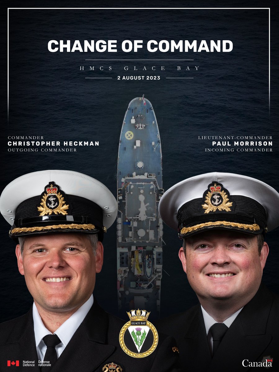 During #HMCSGlaceBay's Change of Command, LCdr Paul Morrison assumed the position from Cdr Christopher Heckman. Cmdre Trevor MacLean, Comd CANFLTLANT presided over the ceremony. Thanks Cdr Heckman for your leadership. Please welcome LCdr Morrison. #BravoZulu #ReadytoLead 🇨🇦⚓️