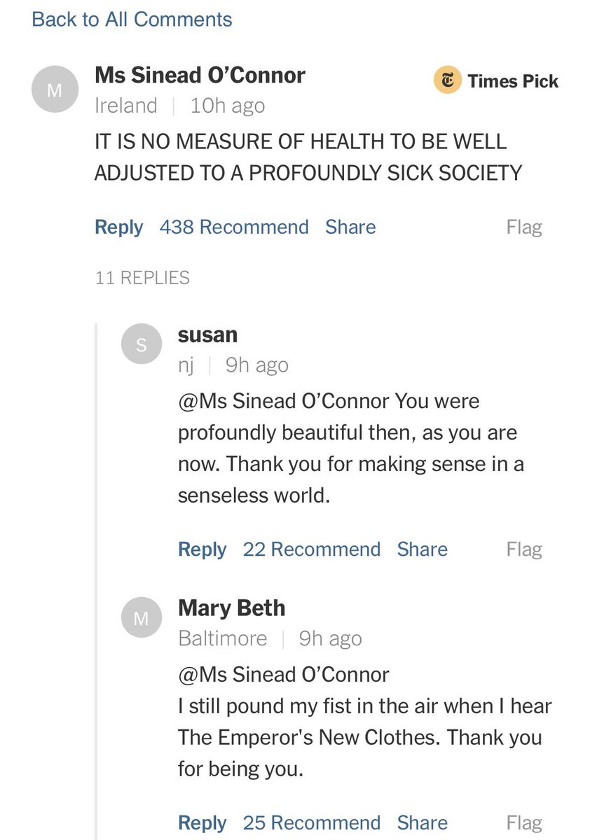 MoPrbs's tweet photo. remembering when saint sinead wrote “IT IS NO MEASURE OF HEALTH TO BE WELL ADJUSTED TO A PROFOUNDLY SICK SOCIETY” in the comment section of her NYT profile. no one will ever come close https://t.co/qDNiUowPqQ