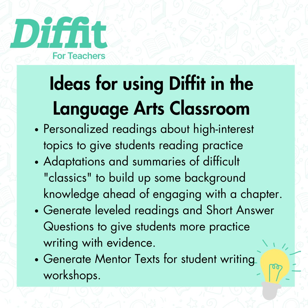 MsGreeneEdu's tweet image. Hey ELA Teachers, I am working on making a list of ideas for how Language Arts teachers can use Diffit.Me. 

I'd love to hear how you think it might be useful for you and your students. Check it out and comment below! @NoyesEnglish @ladylanguage411 #elachat #engchat
