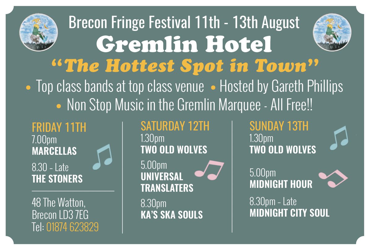 Fringe events going on this coming Festival weekend
All starting Friday 11th to Sunday 13th August across Brecon
<a href="/thegremlin/">thegremlin</a> 

#theGremlin
#breconfringe
#brecinjazzfestival40