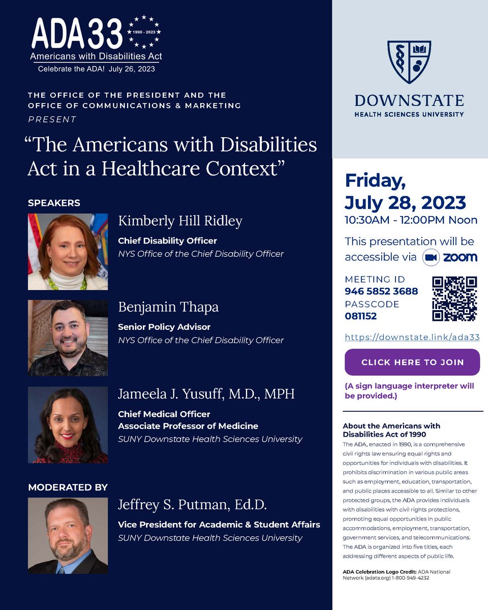 Join us Friday at 10:30 for a discussion about the impact of the Americans with Disabilities Act (1990) on healthcare. Celebrate the 33rd anniversary of the signing of the ADA Act. Click here: zoom.us/postattendee?m…
