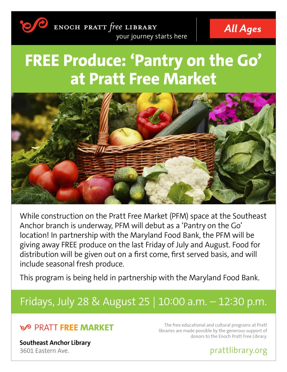 FREE PRODUCE! In partnership with <a href="/MDFoodBank/">Maryland Food Bank</a>, the Southeast Anchor Library's 'Pantry on the Go' will be giving away FREE produce on the last Friday of July and August. First come, first served. loom.ly/-ROXAro