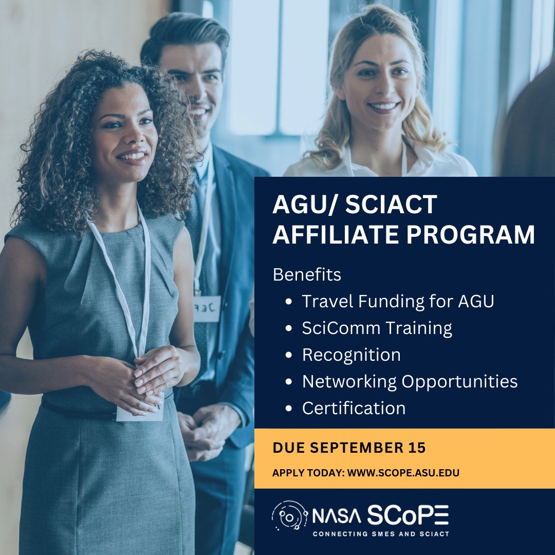 AGU/ SciAct Affiliate applications open in 2 weeks! Each year, NASA SCoPE funds 10 early career scientists to attend the annual fall #AGU23 conference. bit.ly/AGUAff
#BlackInAstro #WomenInScience #LatinXinSTEM #DisabledinSTEM #NativeinSTEM #QueerInSTEM #DiversityinSTEM